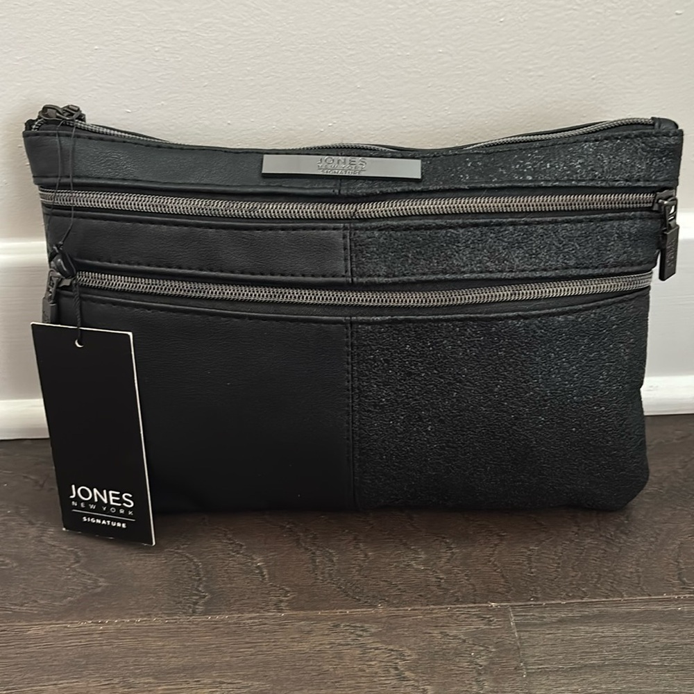 Jones NY PVC Cosmetic/travel wedge pouch,2 zip front pockets 1 interior,texture